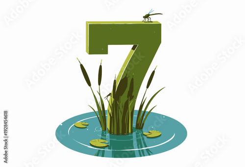 Illustration of the Number Seven Surrounded by a Serene Pond Scene with Lilies, Dragonflies, and Cattails Creating a Tranquil Natural Setting