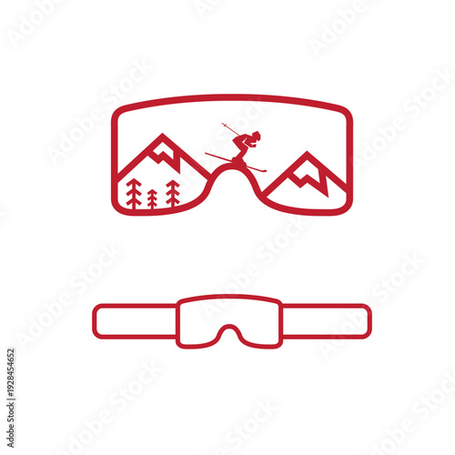Goggle with skier and mountain silhouette for winter sport logo vector