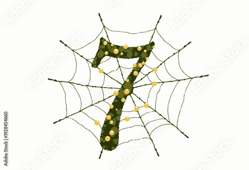 Illustration of a Green Leafy Number Seven Adorned with Golden Orbs in a Spiderweb Structure over a White Background