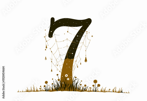 Artistic Representation of the Number Seven with a Decorative Spider Web and Floral Grass Elements in a Stylized Digital Illustration