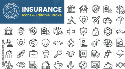 Approved insurance icons collection with editable stroke, health, travel, property, vehicle, financial, legal, and life protection symbols for web, app, and business design