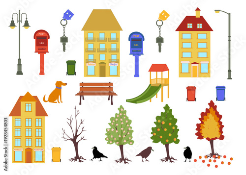 Set of bright elements on the theme of houses and the city: buildings, a bench, trees, mailboxes, trash cans, house keys, a playground, street lamps, trees, and crows isolated on a white background