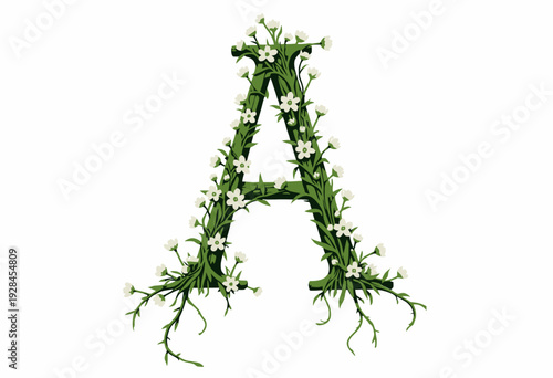 Floral Alphabet Art Featuring the Letter A with Intricate Designs of Green Leaves and White Flowers Creating a Nature-Inspired Decorative Typography
