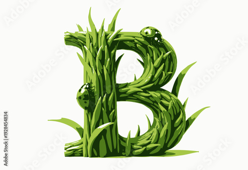 Intricate Grass-Covered Letter B with Lively Ladybugs on a Clean White Background for Nature-Inspired Design Elements