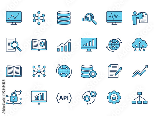 Data and technology outline icon collection. Includes analytics, database, network, cloud, API, security, and document symbols. Created in blue and gray line style with a light blue fill.