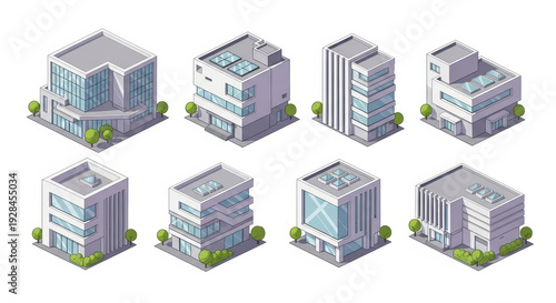 Isometric office buildings set. Modern architecture