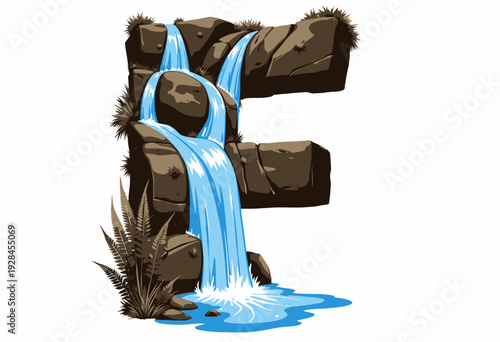 Nature-inspired illustration of the letter F cleverly crafted with cascading waterfalls, lush greenery, and rugged rocks blending artistic typography and environmental elements