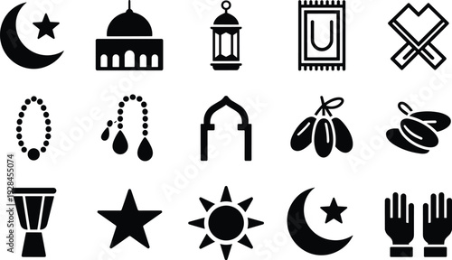 Islamic Ramadan icon set collection, crescent mosque lantern prayer beads dates drum black flat vector illustration