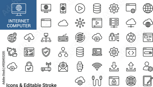 Minimalist black and white line icons collection representing internet, computer technology, cloud computing, data transfer, security, connectivity, servers, and digital network concepts for modern 