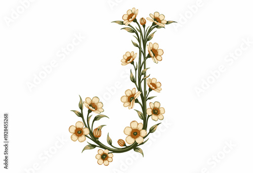Elegant Floral Alphabet Illustration Featuring Delicate Blossoms Arranged in Letter J Shape with Green Leaves on White Background