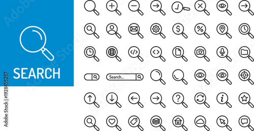 Minimalist black and white search icons collection featuring magnifying glass designs with symbols like plus, minus, arrows, user, gear, dollar, cloud, and technology elements.