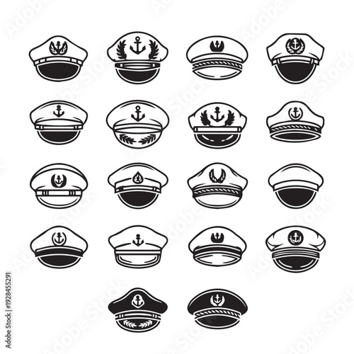 Collection of Nautical Captain Hats with Anchors and Laurel Wreaths Vector Icons