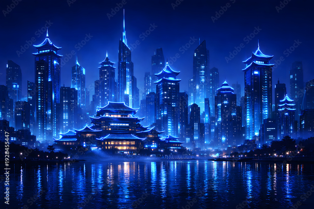 Obraz premium Blue neon pagodas and skyscrapers along a city river