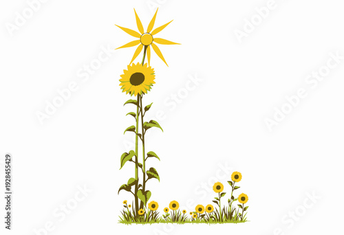 Artistic Illustration of a Sunflower and Stylized Sun in a Whimsical Nature Scene with Tall Plant and Blossoming Flowers Set Against a Pristine White Background