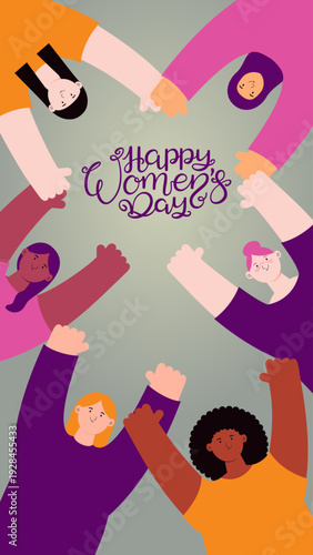 Diverse beautiful happy women friends together. Female characters. Feminism, empowerment, girl power, gender equality concept. 8 March, Womens Day design element, banner. Flat vector illustration