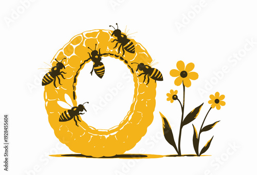 Illustration of Bees on Honeycomb Shaped as Number Zero with Flowers on a White Background Highlighting Nature and Ecology Concepts