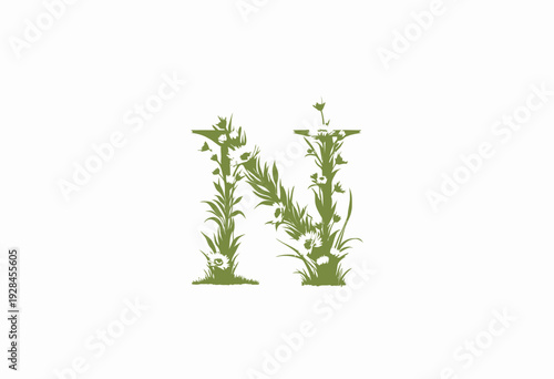 Floral Alphabet Design Showcasing the Letter N with Intricate Green Leaves and Pink Blossoms Creating an Elegant and Artistic Botanical Representation