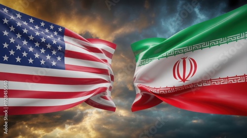 The flags of the United States and Iran appear to clash dramatically against a stormy, ominous sky.