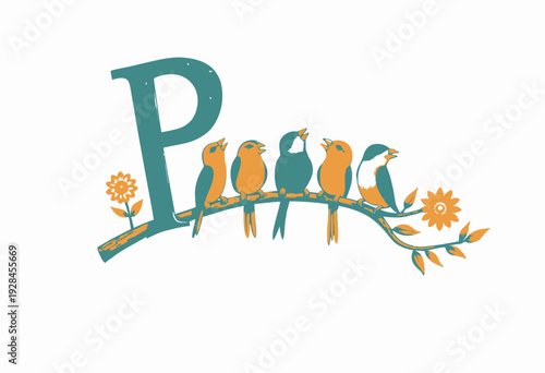 Whimsical Illustration of Colorful Birds Perched on a Branch with the Letter 'P' and Decorative Flowers in a Nature-Inspired Setting