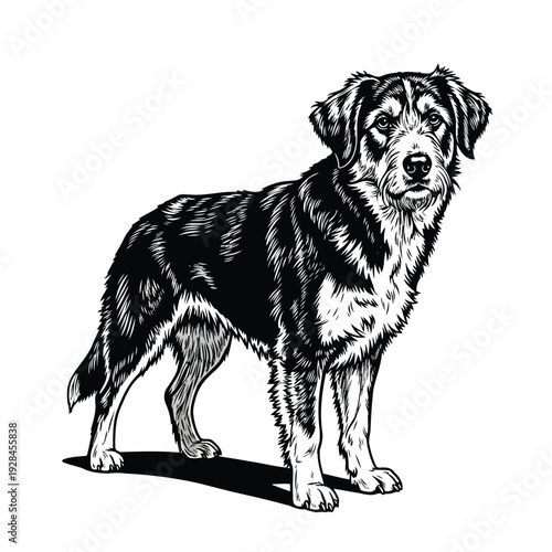 Graceful black and white dog sitting calmly on a plain background Vector