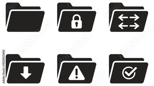 Folder icon set featuring document, lock, sync, download, upload, warning, and check mark symbols, computer data file management concept, editable vector illustration collection, flat and line style, 