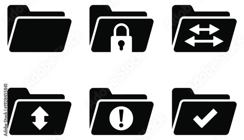 File folder vector icon collection, document security lock, sync refresh, download and upload arrows, warning alert and check mark symbols, editable graphics set