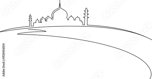 Minimalist mosque skyline line art with crescent dome and minarets on abstract landscape background, flat vector illustration