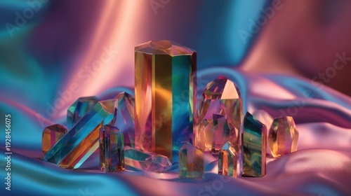 Wallpaper Mural Group of multifaceted crystal shards in varying sizes reflecting vibrant rainbow light on a silky, flowing background Torontodigital.ca