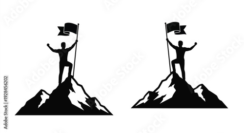Two figures celebrating victory atop mountain peaks a striking silhouette
