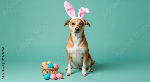 Easter sunday celebration with adorable dog wearing bunny ears and easter eggs