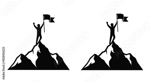 Two triumphant figures raising flags atop mountains a bold silhouette