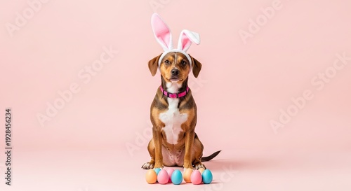 Easter sunday celebration with adorable dog wearing bunny ears and colorful eggs