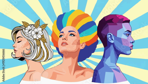 Three diverse women with creative hairstyles in colorful pop art style: Design for beauty salon posters, women's empowerment campaigns, or modern fashion brand advertisements. SVG version.