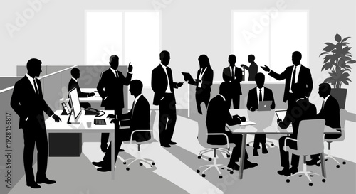 A monochrome illustration depicts a busy office environment with people in meetings