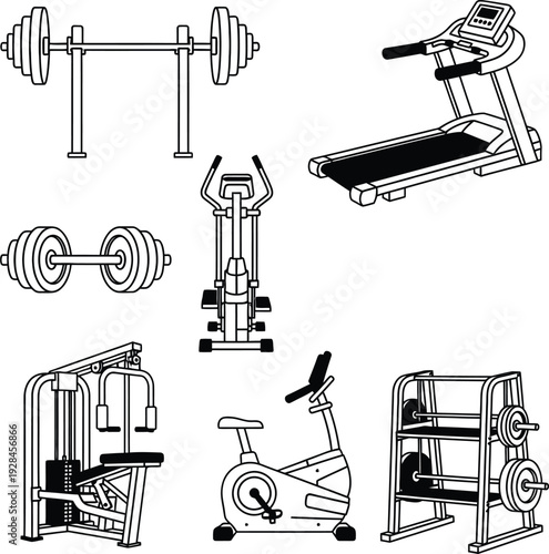Fitness equipment illustration gym machines and tools for exercise