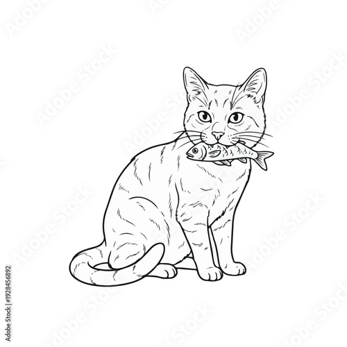 Cat catch a fish line art for coloring book 