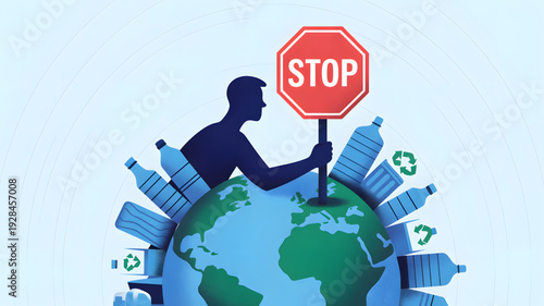 Man stopping pollution on earth globe.