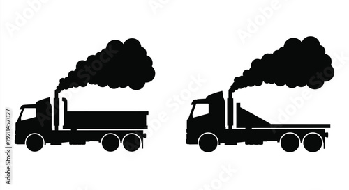 Two trucks emitting dark smoke plumes a striking black silhouette