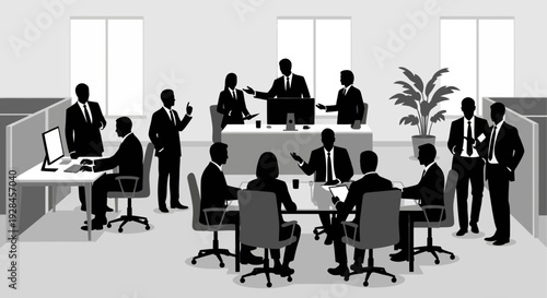 A group of business professionals collaborate in a modern office meeting space