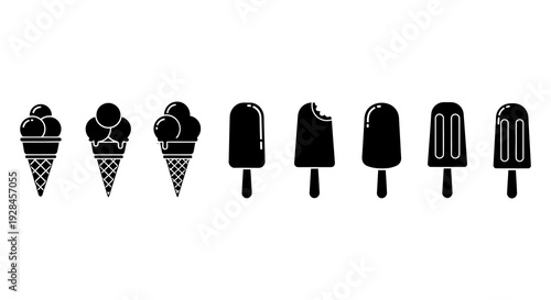 Collection of black silhouette ice cream and frozen treat icons in a row