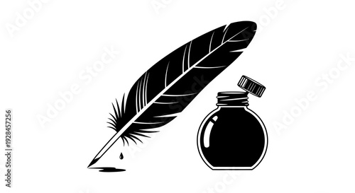 A black quill pen rests diagonally across an inkwell with a single ink droplet