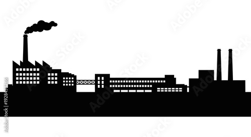 Black silhouette of an industrial factory complex with smokestacks against a white background