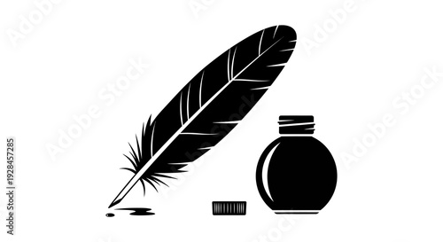 A black quill pen rests beside an inkwell with a small droplet