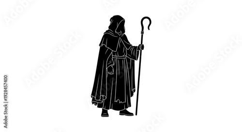 Silhouetted figure of a shepherd with a staff depicted in a minimalist style