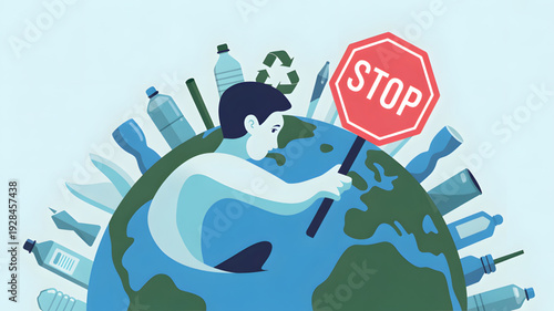 Man protecting Earth from plastic pollution.