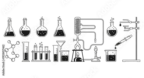 Black and white illustration of various laboratory glassware and scientific equipment