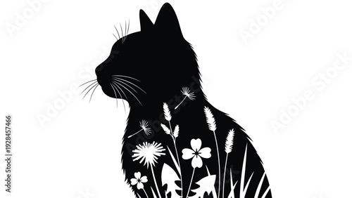 Elegant silhouette of a cat adorned with a decorative scarf and intricate collar. Vector