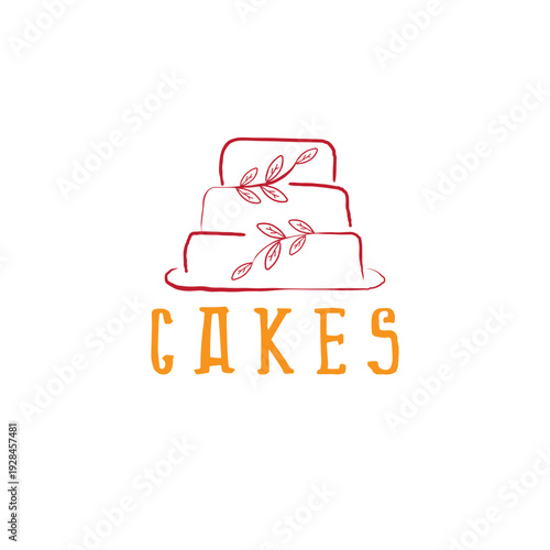 Three-layered cake outline with decorative leaves in red and orange colors for bakery logo vector