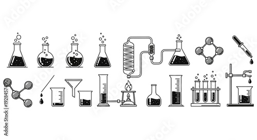 A collection of hand drawn chemistry equipment and molecular structures in black and white