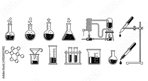 Vintage chemistry equipment illustration beakers flasks and laboratory glassware high quality